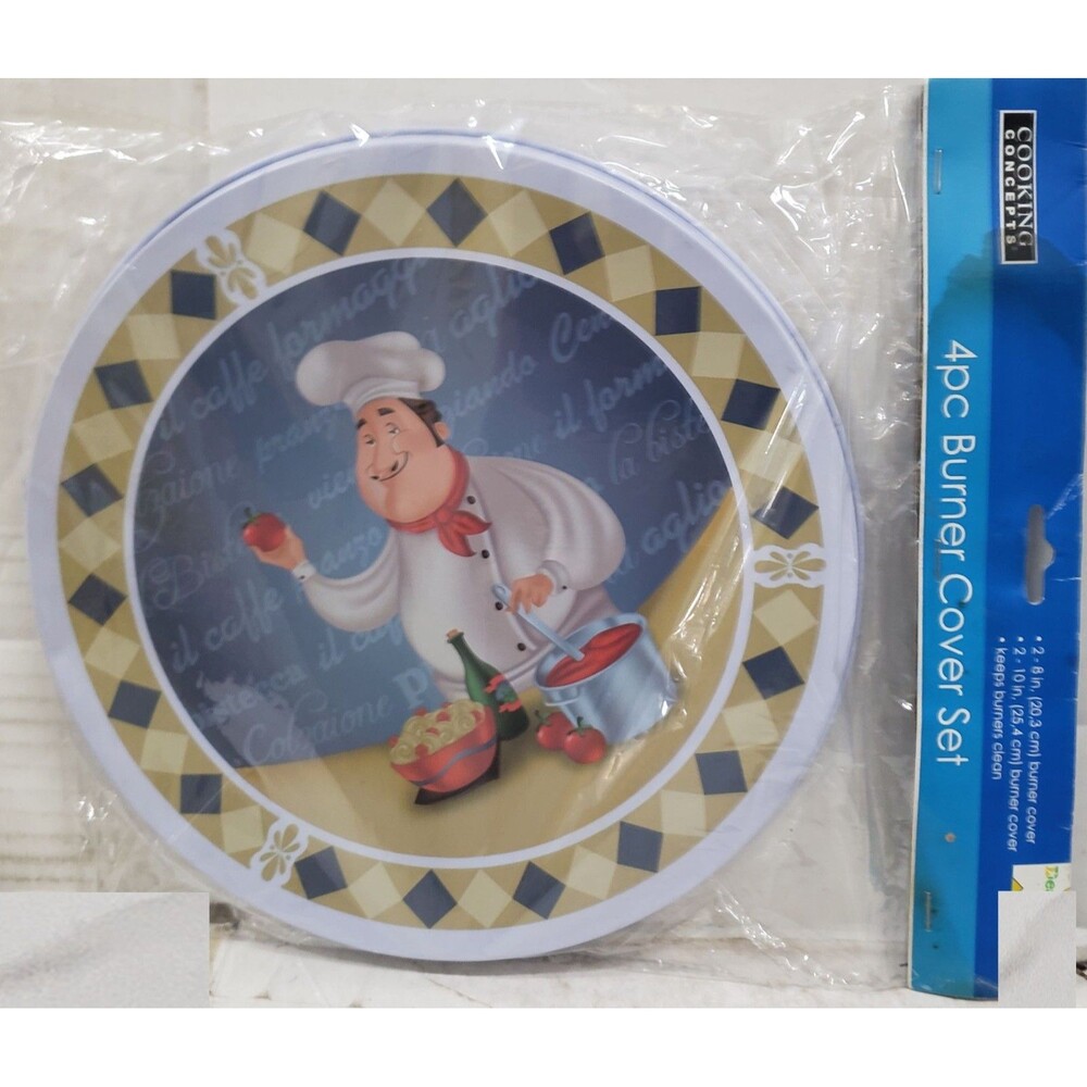 Set of 4 Stovetop Tin Burner Covers (2-10" & 2-8") FAT CHEF IN THE KITCHEN, GR
